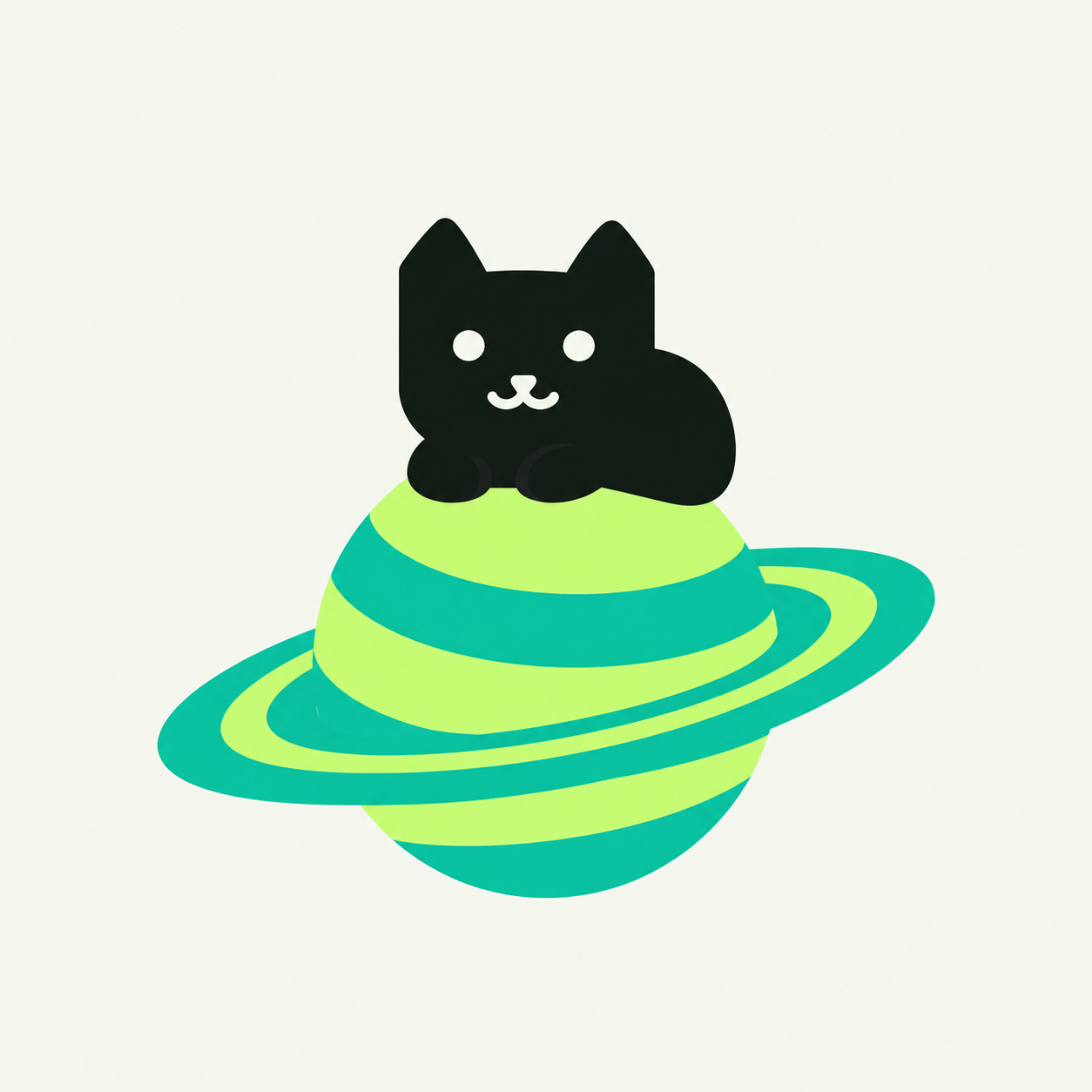 MEOW lounging on a lime and turquoise ringed planet